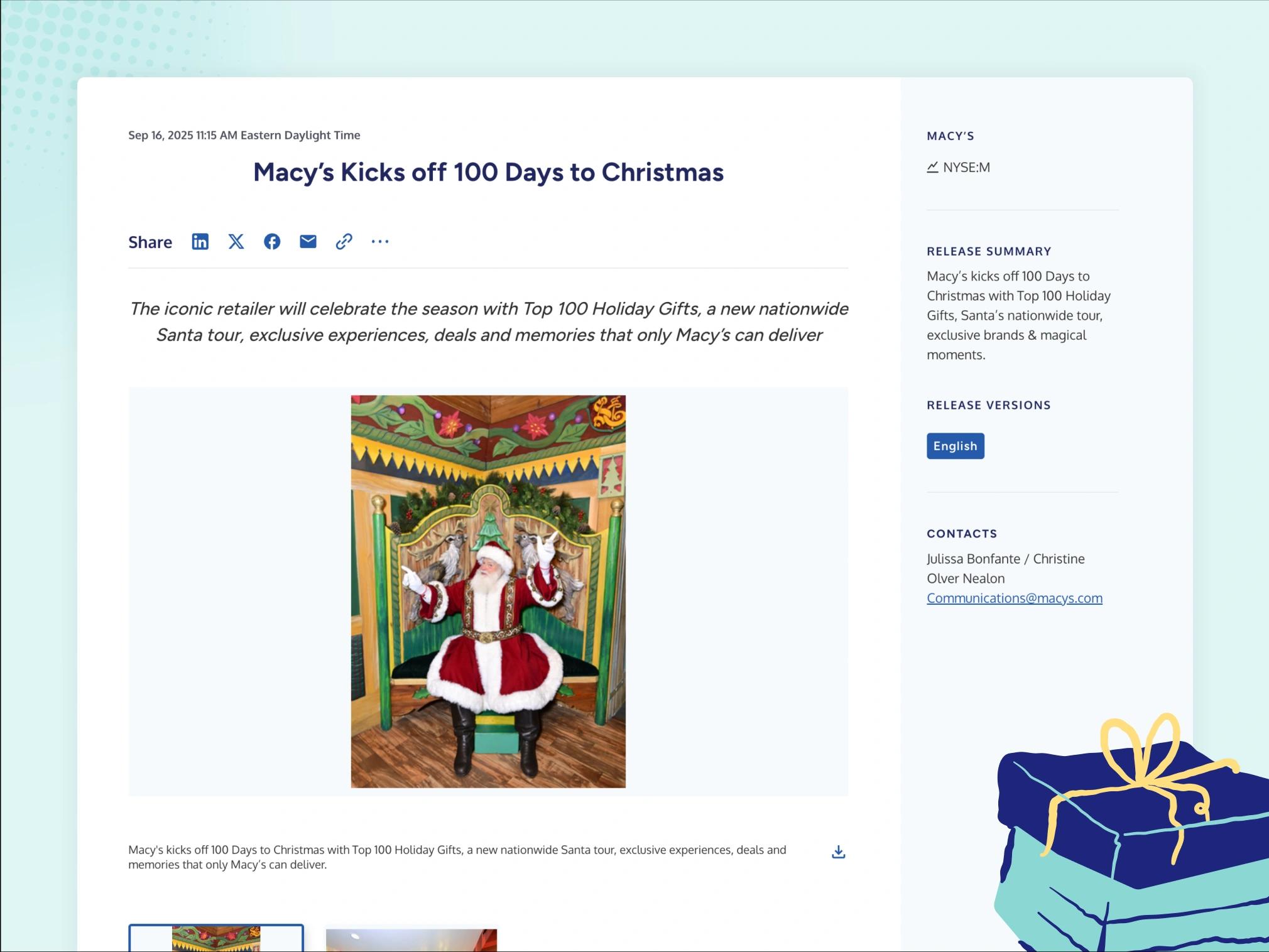 Example of a holiday press release published to Business Wire by Macy's