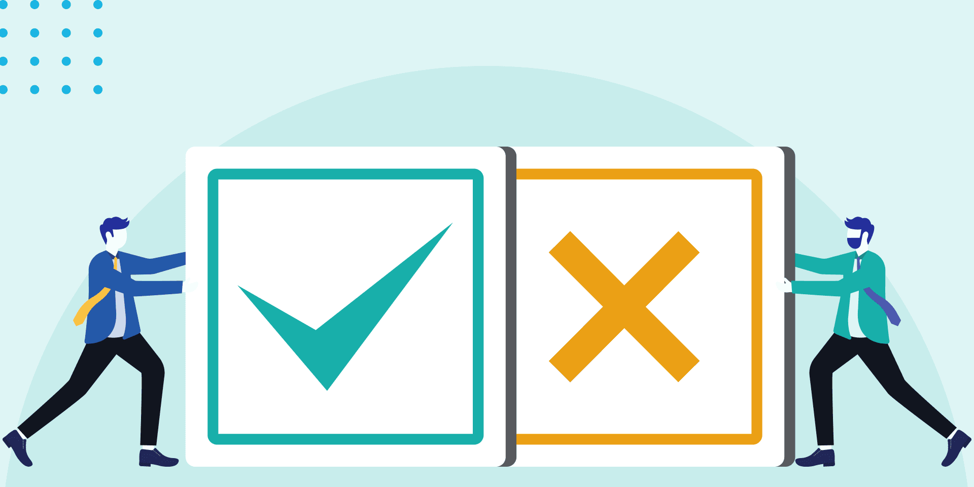 Cartoon image of two figures wearing pants, jackets, and ties holding two large boxes, one with a green checkmark and one with a yellow 'x'. 