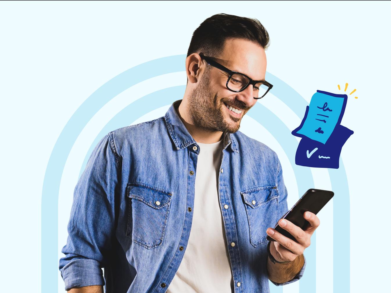 man looking at documents on a mobile phone