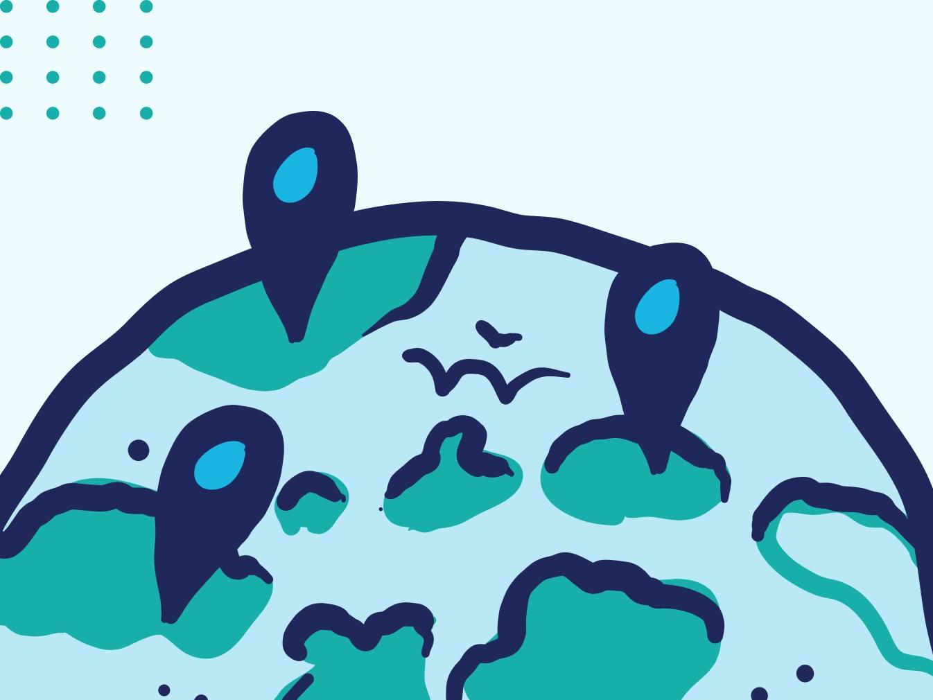 globe with location points over a denim blue background